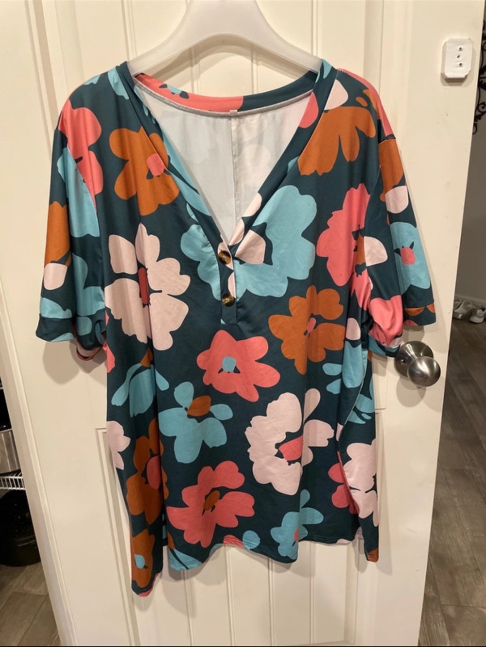 Floral V-Neck Relaxed Women’s Top in Teal with Coral & Blue Flowers